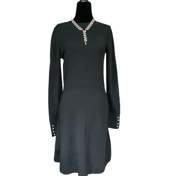 Loft Black Lightweight Knit Long Sleeve Sweater Dress Pearl Button SZ S - Picture 1 of 12